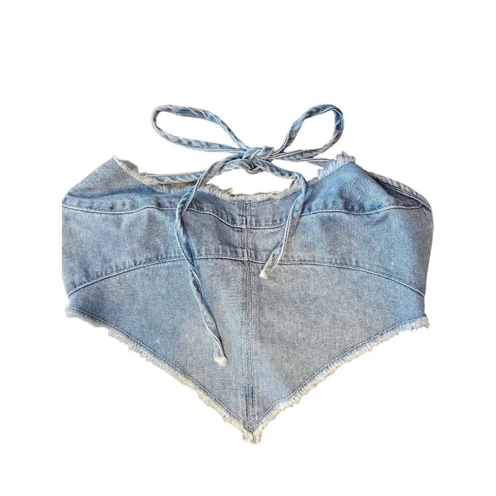 BDG Urban Outfitters XS Maggie Denim Halter Top W/ Zip Closure Light Blue - Picture 8 of 10
